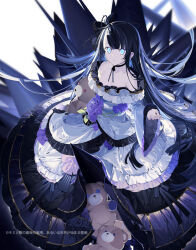 1girl ankle_bow ankle_ribbon black_bow black_choker black_hair black_pantyhose black_ribbon black_shoes blue_eyes blue_hair bow character_name choker collarbone commentary copyright_name dress from_above hair_bow kimi_to_boku_no_saigo_no_senjou_arui_wa_sekai_ga_hajimaru_seisen kissing_zoa_nebulis_ix layered_dress lolita_fashion long_dress long_hair looking_at_viewer multicolored_hair nekonabe_ao novel_illustration off-shoulder_dress off_shoulder official_art pantyhose ribbon shoes solo stuffed_animal stuffed_toy teddy_bear two-tone_hair very_long_hair