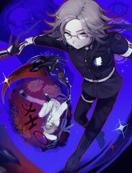 1boy aotsuki_eito armband belt blue_background boots brown_hair commentary english_commentary eyeshadow frown gakuran glasses highres holding holding_scythe looking_at_viewer makeup male_focus multiple_views purple_eyes red_eyeshadow school_uniform scythe short_hair solo the_hundred_line_-last_defense_academy- white_armband white_belt xin_ci