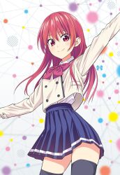 1girl absurdres black_thighhighs blazer blue_skirt blush bow bowtie breasts closed_mouth collared_shirt dot_nose highres hiroyuki jacket kanojo_mo_kanojo kneehighs long_hair long_sleeves looking_at_viewer miniskirt official_art pleated_skirt red_bow red_bowtie red_eyes red_hair saki_saki_(kanojo_mo_kanojo) school_uniform shirt shirt_tucked_in skirt small_breasts smile socks thighhighs thighs white_shirt zettai_ryouiki