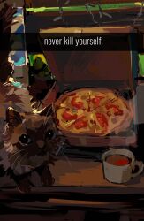 Rule 34 | animal, animal focus, black cat, cat, cup, drink, english text, food, highres, mug, original, pasharuu, pizza, pizza box, snapchat, table