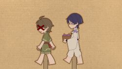 Rule 34 | 2boys, absurdres, ahoge, armor, arms at sides, barefoot, basket, black sash, blunt ends, brown hair, brown outline, cardboard, cardboard cutout, censored, censored identity, closed eyes, clothing cutout, eyeliner, eyeshadow, facing another, facing to the side, feathers, genshin impact, green kimono, green shorts, green sleeves, highres, holding, holding basket, japanese armor, japanese clothes, kariginu, kimono, kote, kurokote, lavender melon (genshin impact), long sleeves, makeup, miaoyeza233, mid-stride, multicolored hair, multiple boys, open hands, open mouth, outline, pants, pom pom (clothes), purple hair, purple kimono, purple sleeves, red eyeliner, red eyeshadow, red sash, sash, scaramouche&#039;s sickly friend (genshin impact), scaramouche (genshin impact), scaramouche (kabukimono) (genshin impact), short sleeves, shorts, shoulder cutout, streaked hair, string, teardrop, tearing up, tears, walking, white pants, white sleeves, white trim, wide sleeves, x, yellow feathers