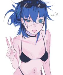 1girl bikini black_bikini black_hair blue_eyes blue_hair breasts bridge_piercing collar eyepatch face_piercing female_focus genderswap genderswap_(mtf) hair_between_eyes hair_bun hand_up lip_piercing long_hair looking_at_viewer multicolored_hair navel navel_piercing omokage_yugamu one_eye_covered open_mouth piercing simple_background small_breasts solo solo_focus sunglasses sunglasses_on_head swimsuit the_hundred_line_-last_defense_academy- v white_background