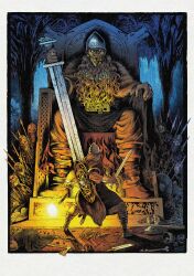 2boys absurdres armor belt_buckle blonde_hair boots brown_hair buckle cape cave chainmail christian_sloan_hall decapitation fur_cape giant head_on_pike highres holding holding_sword holding_weapon multiple_boys original pelt runes shield shield_on_back sitting_on_throne size_difference skeleton sword throne torch undead viking weapon