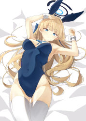 1girl absurdres arms_up bed_sheet blonde_hair blue_archive blue_bow blue_bowtie blue_eyes blue_halo blue_leotard bow bowtie breasts covered_navel detached_collar halo highres leotard long_hair looking_at_viewer lying medium_breasts official_alternate_costume official_alternate_hairstyle on_back playboy_bunny solo soon_(k_mkc4) thighhighs toki_(blue_archive) toki_(bunny)_(blue_archive) very_long_hair white_thighhighs wrist_cuffs