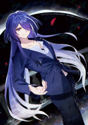 1girl acheron_(boundless_choreo)_(honkai:_star_rail) acheron_(honkai:_star_rail) black_hole black_pants black_suit buttons commentary_request cowboy_shot diamond-shaped_pupils diamond_(shape) english_text formal_clothes hair_over_one_eye highres honkai:_star_rail honkai_(series) long_hair meiji_ken multicolored_hair official_alternate_costume pants purple_eyes purple_hair reaching reaching_towards_viewer shirt smile solo streaked_hair suit symbol-shaped_pupils twitter_username very_long_hair white_hair white_shirt