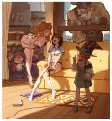 3girls 4boys ahoge armor bare_legs bare_shoulders beard belly_chain bent_over bikini_armor blonde_hair book bracelet braid breasts brown_hair circlet closed_eyes controller couch curtains dark_skin dishes dress dwarf earrings eyebrows facial_hair fake_horns fantasy flower_pot game_controller green_dress hair_over_shoulder hanging_breasts hat height_difference helmet high_heels holding holding_book holding_milk_carton hood hoop_earrings horned_helmet horns imminent_kiss indoors jar jewelry kitchen leaning_forward long_hair long_sleeves looking_at_another mary_janes milk_carton moaning multiple_boys multiple_girls mustache no_pants no_shoes on_couch open_book open_mouth original panties photo_(object) plant platform_footwear pointing pointing_up potted_plant profile puckered_lips red_hair refrigerator robe rug scar scar_across_eye scar_on_face shadow shirt shoes short_sleeves side_braid sink sitting skirt sleeping sleeveless socks standing sunkist sunlight underwear unworn_skirt wavy_hair white_hair white_legwear white_shirt witch_hat wooden_floor yuri