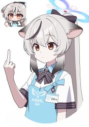 1girl absurdres angel&#039;s_24_uniform_(blue_archive) animal_ear_fluff animal_ears apron black_hair blue_apron blue_archive blue_halo brown_eyes grey_hair halo highres kokona_(blue_archive) long_hair middle_finger multicolored_hair polo_shirt shirt short_sleeves store_clerk streaked_hair tiger_ears tiger_girl vector_(dmlddmld00) very_long_hair white_shirt