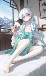 1girl aqua_kimono blue_eyes blue_sky breasts chinese_commentary commentary_request earrings hair_ornament hand_fan highres holding holding_fan hongshi_(13234456009) honkai_(series) honkai_impact_3rd japanese_clothes jewelry kimono long_hair mountain no_shoes on_bed pantyhose sitting sky small_breasts smile solo theresa_apocalypse toes white_hair white_pantyhose zhuge_kongming_(honkai_impact)
