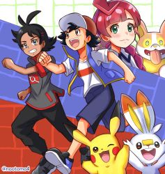 1girl 2boys absurdres ash_ketchum baseball_cap black_hair blue_eyes blue_jacket brown_eyes chloe_(pokemon) creatures_(company) game_freak gen_1_pokemon gen_8_pokemon goh_(pokemon) green_eyes grey_shirt hat highres jacket looking_at_viewer maroon_hair multiple_boys nintendo nootomo pants pikachu pokemon pokemon_(anime) pokemon_(creature) pokemon_journeys red_headwear scorbunny shirt short_pants short_sleeves twitter_username white_shirt yamper