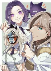 1boy 2girls aqua_eyes arven_(pokemon) blonde_hair breasts brown_hair cibamatoxins clenched_teeth closed_eyes commentary_request detached_sleeves eri_(pokemon) facepaint gen_1_pokemon gengar grin hair_over_one_eye highres juliana_(pokemon) large_breasts long_hair medium_hair mole mole_under_eye multicolored_hair multiple_girls necktie nintendo pokemon pokemon_(creature) pokemon_sv purple_eyes purple_hair purple_necktie smile streaked_hair teeth toyota_hiace twitter_username two-tone_hair