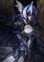1girl absurdres aoi_tabane blue_eyes blue_hair breasts celestia_(kouyoku_senki_exs-tia) cleavage cowboy_shot dress elbow_gloves empty_eyes gloves hair_between_eyes hair_intakes headgear highres holding holding_sword holding_weapon katsuragi_marina kouyoku_senki_exs-tia large_breasts long_hair looking_at_viewer open_mouth smile solo sword very_long_hair weapon white_dress white_gloves wings yandere
