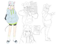 ... 1girl :o aiming animal_ears ankle_socks annoyed arm_at_side arm_up arms_up bags_under_eyes beanie bike_shorts black_shorts blue_hoodie cellphone character_name clenched_hand closed_mouth colored_tips commentary computer_keyboard cropped_torso crying_emoji dot_nose drawstring ears_through_headwear emoji english_commentary english_text expressionless flip_phone from_side frown full_body furrowed_brow gradient_hair green_eyes green_hoodie green_trim grey_hat grey_hoodie grey_sandals greyscale gris_(vertigris) hair_between_eyes half-closed_eyes hands_in_pockets hat head_tilt highres holding holding_computer_keyboard holding_phone hood hood_down hoodie jitome light_blush lineart long_sidelocks long_sleeves looking_at_phone looking_at_viewer looking_to_the_side medium_hair monochrome mouse_ears mouse_tail multicolored_hair multiple_views narrowed_eyes open_mouth original parody parted_lips perl_(vertigris) phone pink_hair profanity puffy_long_sleeves puffy_sleeves sandals short_shorts shorts shouting sidelocks sketch slides small_sweatdrop socks solo speech_bubble standing style_parody tail taunting teeth text_messaging thighs two-sided_hoodie two-tone_hoodie upper_teeth_only v v-shaped_eyebrows vertigris white_hair white_socks white_tail