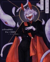 1boy 2024 animal_ears black_suit colored_skin eden_(crrn) fangs formal_clothes hair_bun highres looking_at_viewer open_mouth original pseudskii rabbit_boy rabbit_ears snake solo suit tongue tongue_out white_hair white_skin