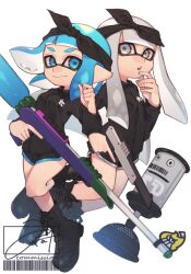 2girls bandana barcode black_bandana black_footwear black_shirt black_shorts blue_eyes blue_hair boots closed_mouth collared_shirt commentary commission dolphin_shorts english_commentary film_grain full_body grey_eyes grey_hair hand_on_own_chin highres holding holding_weapon inkling inkling_girl inkling_player_character lace-up_boots locked_arms long_hair long_sleeves multiple_girls n-zap_(splatoon) nintendo open_mouth pointy_ears prat_rat shirt short_hair shorts signature simple_background smile splat_charger_(splatoon) splatoon_(series) standing standing_on_one_leg suction_bomb_(splatoon) suction_cups teeth tentacle_hair upper_teeth_only weapon white_background