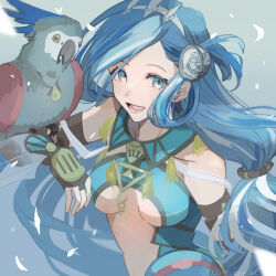 1girl animal animal_on_arm azitsukeniku bird bird_on_arm blue_eyes blue_hair dana_iclucia highres looking_at_viewer low_ponytail parrot ponytail smile upper_body water ys ys_viii:_lacrimosa_of_dana