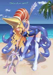 1girl ass beach bent_over blonde_hair boots capcom_fighting_jam character_request commentary_request english_text full_body helmet highres holding looking_at_viewer midnight_bliss nool okuribi palm_tree red_eyes solo swimsuit thank_you thigh_boots thighhighs tree warzard water white_thighhighs