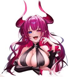 1girl arm_under_breasts azur_lane bare_shoulders black_dress blue_eyes breasts cleavage cropped_torso dress earrings heterochromia highres horns jewelry large_breasts light_blush long_hair looking_at_viewer mecklenburg_(azur_lane) nyokisan open_mouth pink_eyes pink_hair pink_horns pointy_ears red_nails signature simple_background skindentation solo white_background