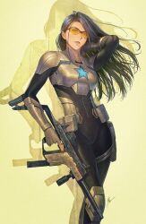 1girl armor assault_rifle baroness_(g.i._joe) belt black_hair blue_eyes bodysuit breasts fingerless_gloves g.i._joe glasses gloves gun holding homare_(fool&#039;s_art) kriss_vector large_breasts lips logo long_hair looking_at_viewer official_art orange-tinted_eyewear rifle smile solo submachine_gun sunglasses tinted_eyewear weapon
