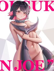 Rule 34 | absurdres, black hair, breasts, character name, choker, closed mouth, completely nude, covering breasts, covering crotch, covering privates, dankira, ellen joe, hashtag-only commentary, highres, large breasts, looking at viewer, multicolored hair, navel, nude, red eyes, red hair, shark girl, short hair, solo, stomach, tail censor, tiger shark, two-tone hair, zenless zone zero