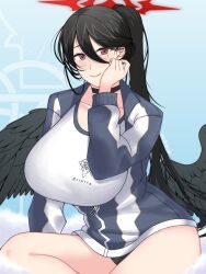 Rule 34 | 1girl, ardinassau, black hair, black wings, bloomers, blue archive, blue bloomers, blue jacket, blush, breasts, buruma, choker, collarbone, feathered wings, gym uniform, hair between eyes, halo, hasumi (blue archive), hasumi (track) (blue archive), highres, huge breasts, jacket, long hair, long hair between eyes, looking at viewer, low wings, mole, mole under eye, multicolored jacket, partially unzipped, ponytail, red eyes, red halo, shirt, smile, solo, thighs, two-tone jacket, underwear, very long hair, white jacket, white shirt, wings