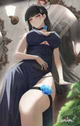 Rule 34 | 1girl, absurdres, alternate costume, artist name, bare shoulders, black choker, black dress, black hair, blue archive, blunt bangs, blush, breasts, bright pupils, choker, clothing cutout, commentary, dress, earrings, from below, hair ornament, hairclip, halo, highres, holding, jewelry, large breasts, long hair, looking at viewer, looking down, mirror, nail polish, parted lips, red eyes, red nails, revision, rio (blue archive), signature, solo, thigh strap, thighs, underboob cutout, white pupils, yamikyon