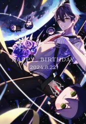 Rule 34 | 1boy, ahoge, bag, bandaged hand, bandages, black pants, blue flower, blue rose, blush, bouquet, character doll, collared shirt, commentary request, confetti, dated, doll, earth (planet), flower, geso (geso nj), green eyes, grey sweater vest, hair between eyes, hand up, happy birthday, highres, holding, holding bouquet, kenmochi touya, kenmochi touya (1st costume), kenmochi touya (7th costume), kenmochi touya (9th costume), looking at viewer, male focus, necktie, nijisanji, omamori, pants, parted lips, planet, purple flower, purple hair, purple rose, red necktie, rose, shirt, short hair, short sleeves, sky, smile, solo, space, star (sky), starry sky, streamers, sweater vest, virtual youtuber, weapon bag, white shirt