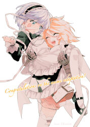 Rule 34 | 2girls, ^ ^, announcement celebration, artist name, bandages, blonde hair, carrying, closed eyes, gloves, grey hair, highres, maid, minakata sunao, multiple girls, omae gotoki ga maou ni kateru to omoun to yuusha party wo tsuihou sareta node outo de kimama ni kurashitai, princess carry, second-party source, simple background, smile, thighhighs
