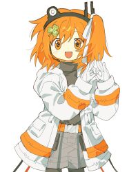 1girl a.i._voice adachi_rei belt black_shirt clover_hair_ornament coat double_ok_sign gloves grey_shorts hair_ornament hands_up headphones highres kin_utau long_sleeves microphone ok_sign one_side_up open_clothes open_coat open_mouth orange_eyes orange_hair own_hands_together shirt short_hair shorts simple_background smile solo straight-on turtleneck upper_body utau white_background white_coat white_gloves