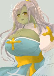 Rule 34 | 1girl, ajie (sura-kun), arch bishop (ragnarok online), blue dress, blush, breasts, cleavage, cleavage cutout, closed mouth, clothing cutout, colored skin, commentary request, cowboy shot, cross, dress, female orc, green skin, grey background, grey hair, high ponytail, highres, huge breasts, juliet sleeves, long hair, long sleeves, looking at viewer, orc, orc lady (ragnarok online), ponytail, puffy sleeves, ragnarok online, sash, simple background, smile, solo, translation request, tusks, two-tone dress, white dress, yellow eyes, yellow sash