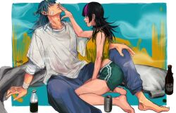 1boy 1girl bandaged_arm bandages bandaid bandaid_on_face barefoot beer_bottle black_hair blue_eyes blue_hair blue_pants breasts can cigarette crop_top drink_can ear_piercing hair_bun hand_on_own_knee hoshi_kirara jujutsu_kaisen kashimo_hajime long_hair male_focus medium_hair messy_hair multicolored_hair pants piercing purple_eyes purple_hair rei_(poro06625649) shirt short_shorts shorts small_breasts streaked_hair t-shirt white_shirt yellow_shirt
