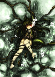 1girl air_bubble animal_ears asphyxiation bad_feet branch bubble drowning female_focus fox_ears highres japanese_clothes kimono monster_girl no_panties no_shoes peril red_eyes restrained rou271 rou_(rou22) solo tentacles thighhighs underwater white_thighhighs