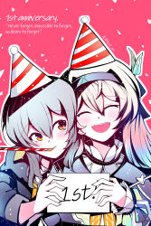 2girls blue_ribbon blush closed_eyes dress electronduck english_text firefly_(honkai:_star_rail) frilled_dress frills gradient_hair grey_hair hair_between_eyes hair_intakes hair_ornament hair_ribbon hairband hat highres holding holding_paper honkai:_star_rail honkai_(series) long_hair long_sleeves multicolored_hair multiple_girls neckerchief orange_eyes orange_neckerchief paper party_hat party_horn ribbon stelle_(honkai:_star_rail) teeth trailblazer_(honkai:_star_rail) upper_teeth_only white_sleeves
