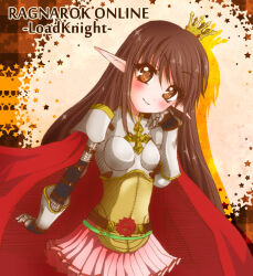 1girl armor blush boobplate breastplate brown_background brown_eyes brown_hair cape character_name closed_mouth commentary_request copyright_name cowboy_shot cross cross_of_prontera crown gauntlets head_tilt kamui_setsuna long_hair looking_at_viewer lord_knight_(ragnarok_online) mini_crown miniskirt pauldrons pink_skirt pointy_ears ragnarok_online red_cape shoulder_armor skirt smile solo