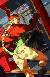 Rule 34 | 1990s (style), 1girl, ahoge, antenna hair, armband, armpits, ass, bare shoulders, beret, birdie (street fighter), blonde hair, blue eyes, boots, braid, breasts, bus, cameo, cammy white, camouflage, capcom, combat boots, dudley, edwin huang, elbow gloves, female focus, fingerless gloves, gauntlets, gloves, hat, highleg, highleg leotard, highres, hip focus, hood, hooded jacket, huge ahoge, huge ass, jacket, kneepits, knees, legs, leotard, lips, lipstick, london, long hair, looking back, makeup, motor vehicle, muscular, red jacket, retro artstyle, scar, sideboob, skin tight, socks, solo, street fighter, street fighter i, street fighter ii (series), street fighter iii (series), street fighter zero (series), street fighter zero i, thighs, thong leotard, thumbs up, twin braids, vehicle, wide hips