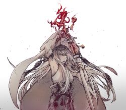 Rule 34 | 1girl, another eden, arm up, armpits, breasts, cape, commentary request, cowboy shot, detached sleeves, embers, fire, flaming sword, flaming weapon, floating cape, floating hair, furisode sleeves, gloves, hair ornament, hair over one eye, hakama, hakama skirt, hand up, holding, holding sheath, holding sword, holding weapon, hood, hood up, hooded cape, japanese clothes, katana, kimono, long hair, looking at viewer, medium breasts, michibata 65, one eye covered, partially colored, ribbon, scabbard, sheath, simple background, single arm guard, single glove, skirt, sleeveless, sleeveless kimono, solo, standing, sword, tassel, tassel hair ornament, tsukiha (another eden), unsheathing, very long hair, weapon, white background, wide sleeves
