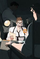 4boys beard_stubble black_necktie brown_eyes brown_hair chinese_commentary collared_shirt commentary cup dingnin98201637 donut facial_hair food glasses highres holding holding_cup holding_donut holding_food holding_paper indoors male_focus marvel miguel_o&#039;hara multiple_boys necktie on_chair open_mouth paper peter_b_parker profile red_eyes shirt smile spider-man:_across_the_spider-verse spider-man_(series) spider-man_noir spider-verse stubble sweatdrop vest white_shirt