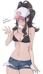 1girl bare_shoulders baseball_cap bikini bikini_top_only black_bikini blue_eyes breasts brown_hair cleavage denim denim_shorts exposed_pocket hat high_ponytail highres hilda_(pokemon) long_hair medium_breasts navel nintendo open_mouth pokemon pokemon_bw ponytail ririmon short_shorts shorts sidelocks solo stomach swimsuit