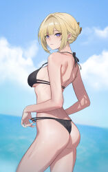 1girl absurdres ass bikini black_bikini blonde_hair breasts earrings evelyn_chevalier from_behind georswd hair_up highres jewelry medium_breasts mole mole_under_eye purple_eyes solo swimsuit wet zenless_zone_zero