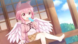 1girl animal_ear_fluff animal_ears araki495 barefoot blush brown_skirt character_request commentary_request day emil_chronicle_online fang feathered_wings food hair_between_eyes highres holding holding_food long_hair long_sleeves open_mouth outdoors pink_hair pink_shirt pink_wings plaid_clothes plaid_skirt popsicle red_eyes shirt sidelocks skirt soles solo veranda very_long_hair white_shirt wings
