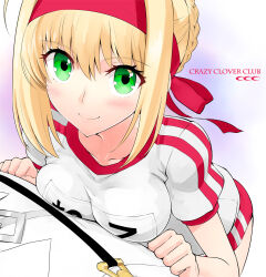 1boy 1girl artist_name blonde_hair braid breast_press breasts buruma chaldea_uniform commentary_request fate/grand_order fate_(series) fujimaru_ritsuka_(male) green_eyes headband medium_breasts name_tag nero_claudius_(fate) nero_claudius_(olympian_bloomers)_(fate) red_buruma red_headband shirotsumekusa shirt smile t-shirt white_shirt