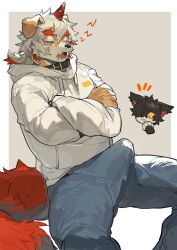 2boys aak_(arknights) arknights black_collar bulge closed_eyes collar colored_tips commentary crossed_arms denim disembodied_head drooling english_commentary erection erection_under_clothes feet_out_of_frame furry furry_male hair_over_one_eye hand_to_own_mouth highres hood hoodie horns hung_(arknights) jeans komainu_boy komainu_ears komainu_tail looking_at_another male_focus milkybot multicolored_hair multiple_boys notice_lines one_eye_covered open_mouth pants saliva single_horn sitting sleeping white_hoodie zzz