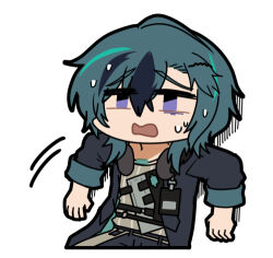 1boy against_wall artist_request black_hair black_jacket chibi chibi_only chinese_commentary furrowed_brow girls&#039;_frontline girls&#039;_frontline_neural_cloud green_hair headphones headphones_around_neck jacket lowres male_focus nervous official_art second-party_source solo sweat yuwang_(neural_cloud)