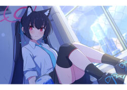absurdres animal_ear_fluff animal_ears aot. black_hair black_socks blue_archive blue_necktie cat_ears chain-link_fence collared_shirt extra_ears fence halo highres knee_pads long_hair looking_at_viewer necktie red_eyes red_halo serika_(blue_archive) shirt shoes single_knee_pad sitting sneakers socks twintails white_shirt