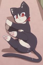 1girl :&lt; aftersex animal_collar animal_focus animal_sexualization anus cat cleft_of_venus closed_mouth collar cum cum_in_pussy cumdrip doukyonin_wa_hiza_tokidoki_atama_no_ue. female_focus from_above full_body haru_(doukyonin_wa_hiza_tokidoki_atama_no_ue.) kekitopu looking_at_viewer lying no_humans on_side pawpads pink_background pussy red_eyes simple_background solo uncensored