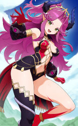 1girl angela_(seiken_densetsu_3) bare_shoulders black_leotard blush breasts choker cleavage commentary crown detached_sleeves english_commentary gloves green_eyes highres horns leotard long_hair long_sleeves looking_at_viewer medium_breasts multicolored_leotard multiple_girls navel open_mouth pointy_ears purple_choker purple_eyes purple_gloves purple_hair red_gloves red_leotard revenantart seiken_densetsu seiken_densetsu_3 single_thighhigh solo strapless strapless_leotard thighhighs two-tone_leotard