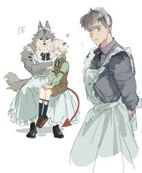 2boys all_saints_street animal_ears apron arms_behind_back brown_shorts brown_vest closed_mouth commentary_request crossed_arms damao_(all_saints_street) demon_horns demon_tail dog_nose eyebrow_cut furry furry_male grey_fur grey_hair highres horns looking_at_viewer maid maid_apron maid_headdress male_focus multiple_boys neil_bowman notice_lines open_mouth shorts sitting sitting_on_lap sitting_on_person smile squatting tail tensoba20230223 vest werewolf white_hair wolf_boy wolf_ears wolf_tail