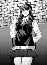 1girl absurdres arm_behind_back arm_up black_hair black_vest blush breasts brick_wall closed_mouth commentary_request feet_out_of_frame greyscale highres long_hair long_sleeves looking_at_viewer monochrome original pleated_skirt school_uniform shirt skirt smile solo standing vest white_shirt yamahata_rian