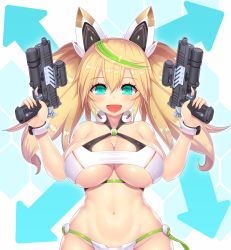 1girl :d aqua_eyes asamura_hiori bare_shoulders bikini blonde_hair breasts cleavage cleavage_cutout clothing_cutout collarbone female_focus gene_(pso2) green_hair groin gun halterneck handgun headgear highres holding holding_gun holding_weapon large_breasts long_hair looking_at_viewer multicolored_hair navel open_mouth phantasy_star phantasy_star_online_2 pistol shiny_skin smile solo stomach streaked_hair swimsuit twintails underboob underboob_cutout very_long_hair weapon white_bikini wrist_cuffs