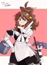 1girl ^_^ absurdres alternate_costume apron blue_eyes blush bow broom brown_hair bucket bucket_of_water c6h14o0918 cleaning closed_eyes closed_mouth enmaided gen_8_pokemon gloves hair_between_eyes hair_bow hand_on_own_hip highres hilda_(pokemon) holding holding_broom holding_bucket indeedee indeedee_(female) index_finger_raised letterboxed long_hair maid nintendo outside_border pink_bow pointing pointing_at_viewer pokemon pokemon_bw red_background simple_background smile white_apron white_bow white_gloves