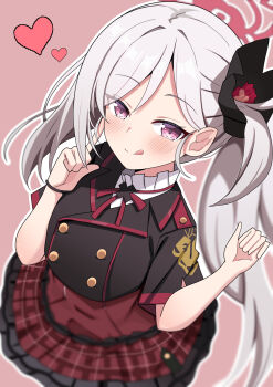 Rule 34 | 1girl, :q, absurdres, black flower, black jacket, black scrunchie, blue archive, blurry, cowboy shot, depth of field, flower, frilled shirt collar, frills, hair flower, hair ornament, hair scrunchie, halo, heart, highres, hosinonana, jacket, long hair, mutsuki (blue archive), naughty face, pink background, plaid clothes, plaid skirt, pointy ears, purple eyes, red halo, red ribbon, red skirt, ribbon, school uniform, scrunchie, side ponytail, skirt, solo, tongue, tongue out, white hair